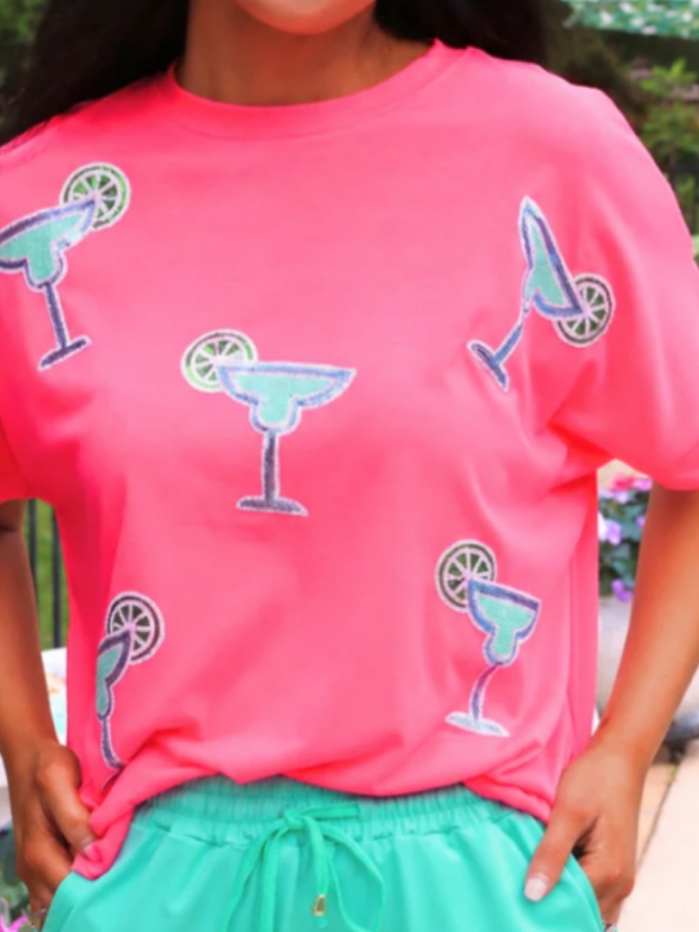 Bright Pink Margarita Sequin Patch Short Sleeve Tee